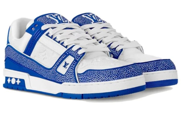 LOUIS VUITTON LV Trainer Sneakers men's 'White Monogram with Blue and Rhinestones'