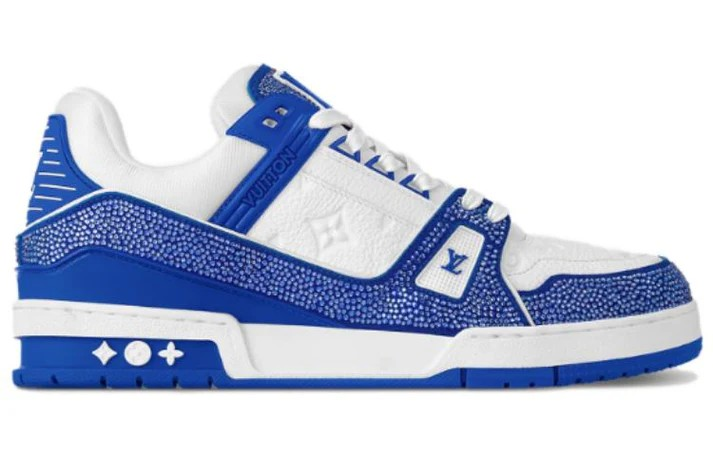LOUIS VUITTON LV Trainer Sneakers men's 'White Monogram with Blue and Rhinestones'